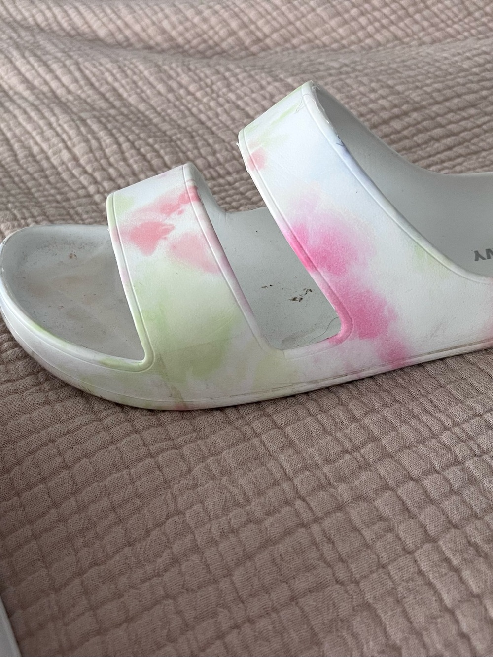 Women’s White Tie-Dye Slide Sandals with Pink & Green Accents worn one time